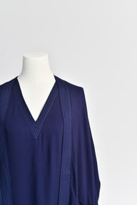 Kimono Robe with Contrast Stitching in Midnight Blue - Close Up View