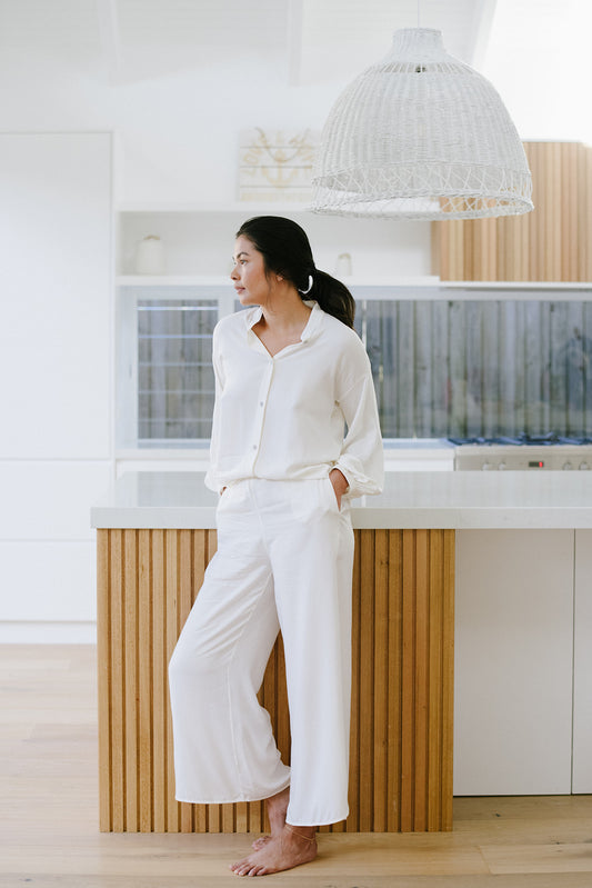 Model in the Modern Sleep Shirt and Wide Leg Lounge Pants Set