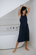 Low Back Flowy Dress in Midnight Blue Belted