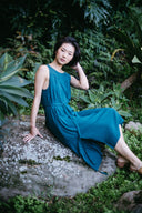 Low Back Flowy Dress in Teal Belted