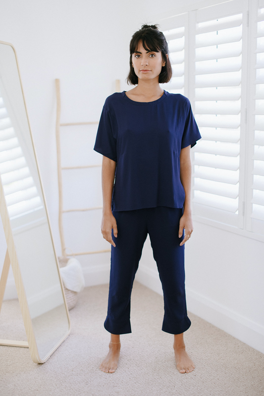 Relaxed Tee and Tapered Lounge Pants in Midnight Blue