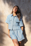 Linen Cotton Ruffle Trim Shorts - Seaside Stripe