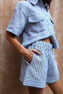 Linen Cotton Ruffle Trim Shorts - Seaside Stripe