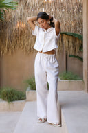Linen Cotton Ruffle Trim Pants - Dune Stripe