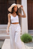 Linen Cotton Ruffle Trim Pants - Dune Stripe