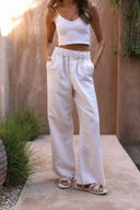 Linen Cotton Ruffle Trim Pants - Dune Stripe