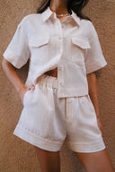 Linen Cotton Ruffle Trim Shorts - Dune Stripe
