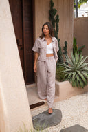 Linen Cotton Ruffle Trim Pants - Cocoa Stripe