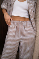 Linen Cotton Ruffle Trim Pants - Cocoa Stripe