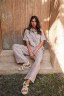 Linen Cotton Ruffle Trim Pants - Cocoa Stripe