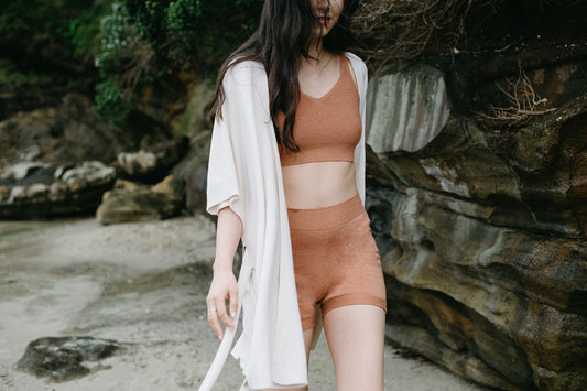 Model Wearing Knit Bralette and Knit Boyshorts with Belted Cardigan