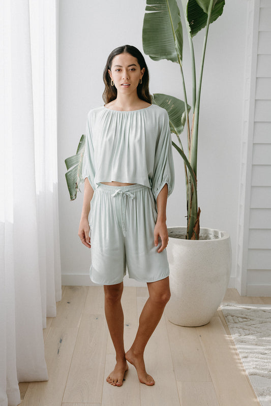 Model in the Flowy Lounge Top and Boyfriend Lounge Shorts Set