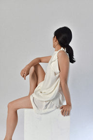 SoL Drapey Top and Elastic Swing Shorts in ivory on model