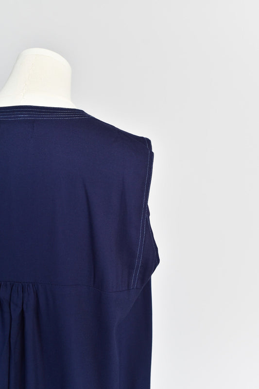 Envelope Dress with Contrast Stitching in Midnight Blue - Close Up View
