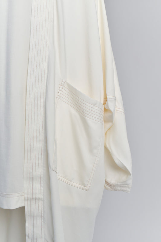 Kimono Robe with Contrast Stitching in Ivory - Pocket Close Up View