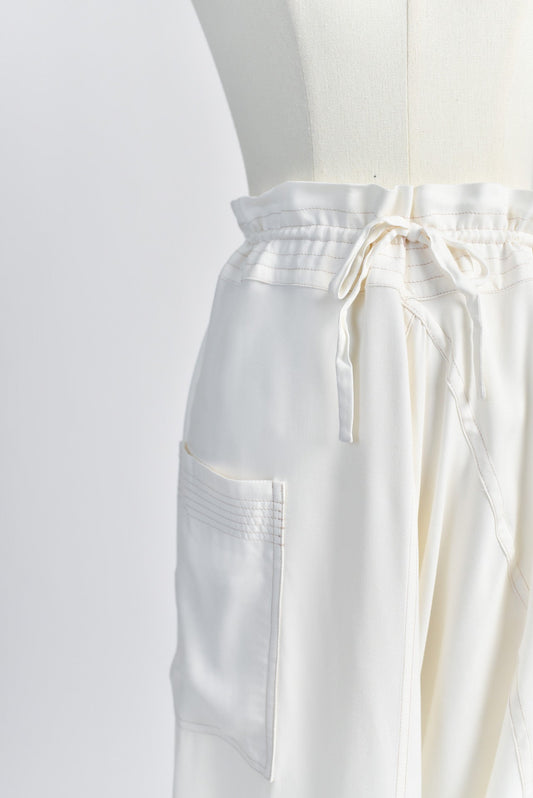 Relaxed Pants with Contrast Stitching in Ivory - Close Up View