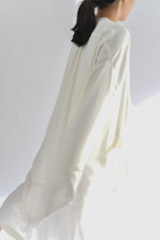 Kimono Robe with Contrast Stitching in Ivory - On Model