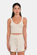 Model wearing cropped tank in Starch with matching shorts 