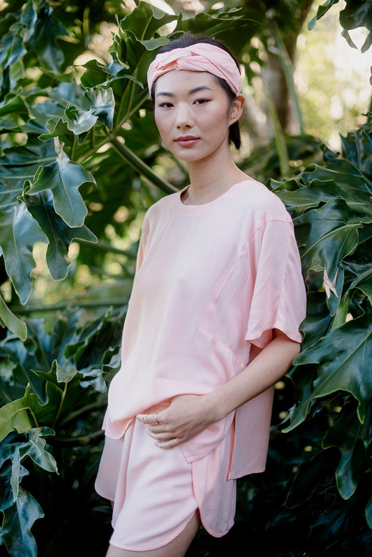 Relaxed Tee and Lounge Shorts with Headband in Light Coral