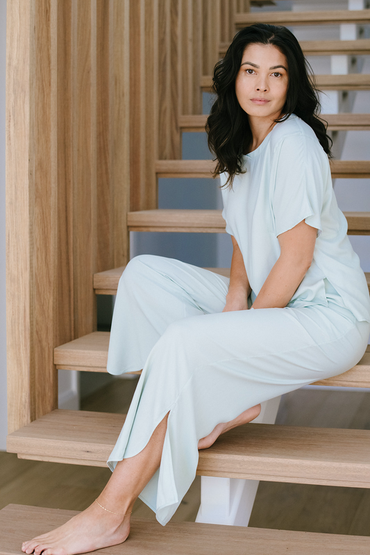 Relaxed Tee and Wide Leg Lounge Pants in Honeydew