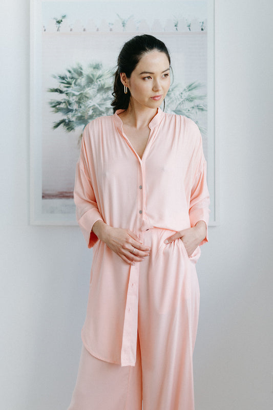 Button Down Shirtdress in Light Coral with Wide Leg Lounge Pants
