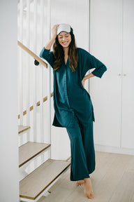 Button Down Shirtdress in Teal with Wide Leg Lounge Pants and Eye Mask