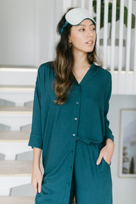 Button Down Shirtdress in Teal with Wide Leg Lounge Pants and Eye Mask