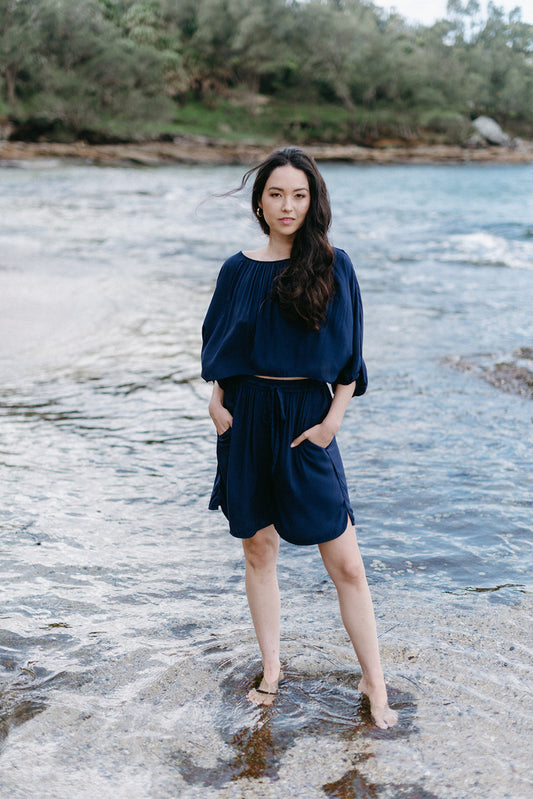 Boyfriend Lounge Shorts in Midnight Blue with Flowy Lounge Top