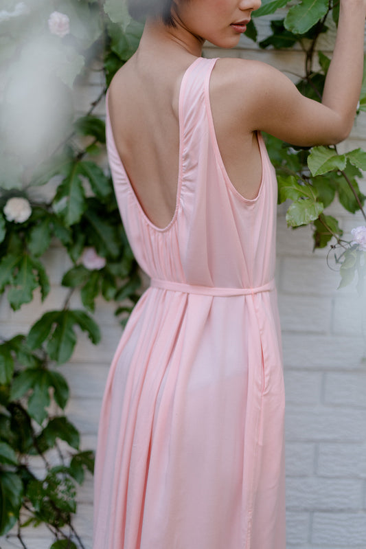 Low Back Flowy Dress in Light Coral Belted