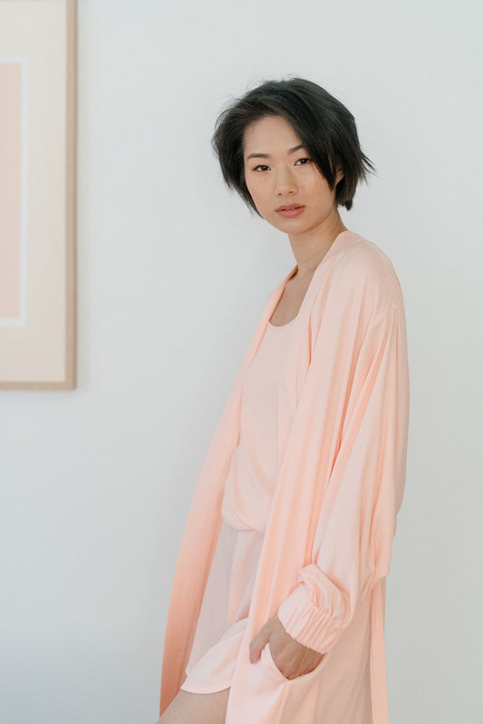 Lounge Robe with Cami and Shorts Set in Light Coral