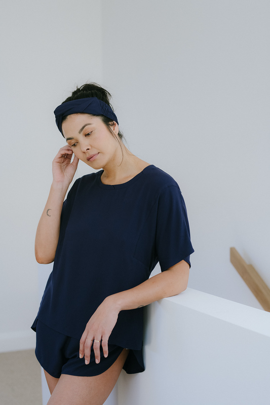 Relaxed Tee in Midnight Blue with Lounge Shorts and Headband